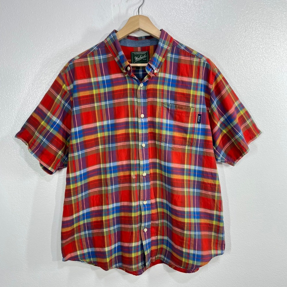 Woolrich Mens XL/TG Indian Madras Plaid Short Sleeve Button-Down Shirt Outdoorsy
